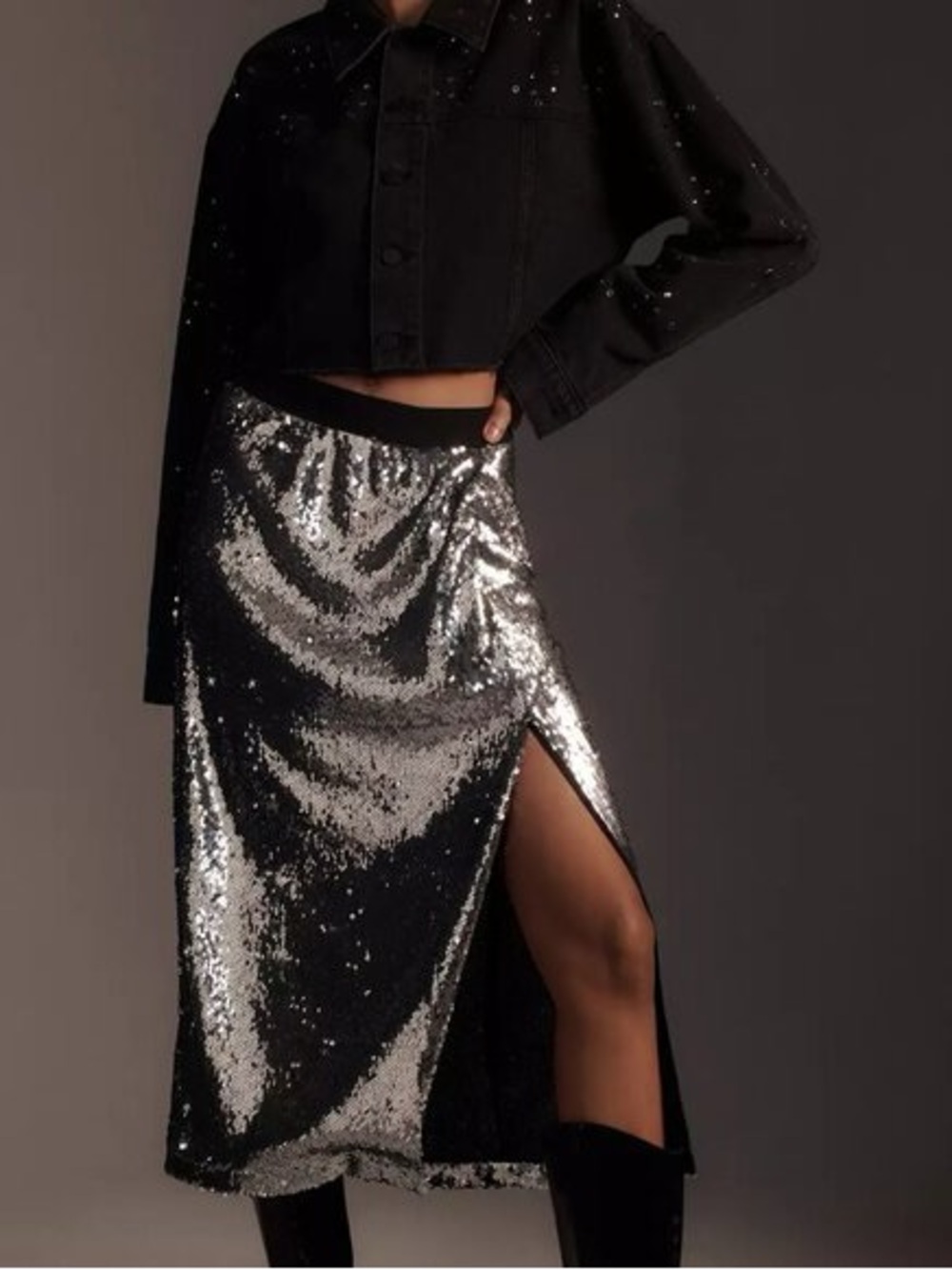 Stella Nova Silver Sequin Midi Skirt with Side Slit